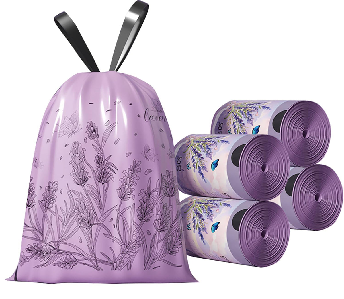 100pcs 2.6 Gallon Small Trash Bags Tearing-Free Drawstring for Bathroom Office Home Bedroom Trash Can with Purple Lavender Printed Garbage Basket Bags (2.6 Gallon Purple, 100 Count)