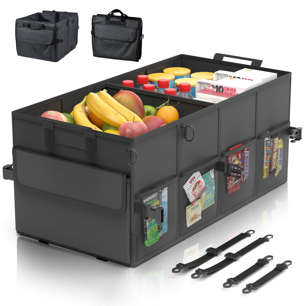 Car Trunk Organizer SUV Collapsible Car Caddy Truck Storage Heavy Duty Oxford Car Grocery Organizer for Cargo Van Jeep Sedan with 2 Large Compartments, 6 Pockets, 4 Adjustable Straps, 2 Handles 50L