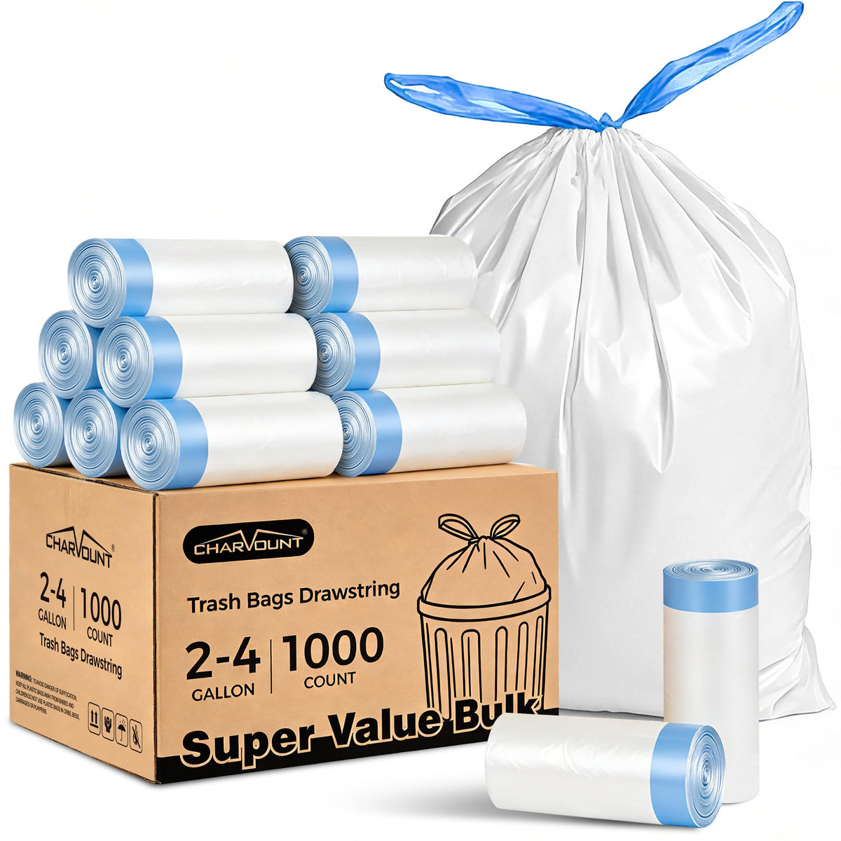 Charmount Small Trash Bags 4 Gallon, 200 Count Drawstring Mini Garbage Bags