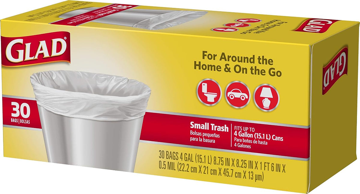 Glad Trash Bags, Small Garbage Bags - 4 Gallon White Trash Bag - 30 Count