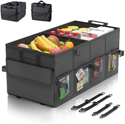 Car Trunk Organizer SUV Collapsible Car Caddy Truck Storage Heavy Duty Oxford Car Grocery Organizer for Cargo Van Jeep Sedan with 2 Large Compartments, 6 Pockets, 4 Adjustable Straps, 2 Handles 50L