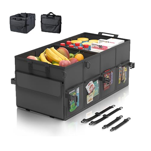 Car Trunk Organizer SUV Collapsible Car Caddy Truck Storage Heavy Duty Oxford Car Grocery Organizer for Cargo Van Jeep Sedan with 2 Large Compartments, 6 Pockets, 4 Adjustable Straps, 2 Handles 50L