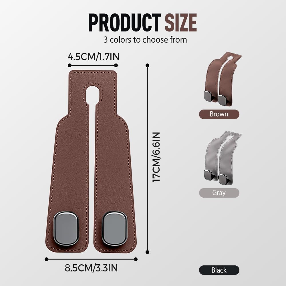 Car Seat Headrest Hooks for Purses and Bags - Support Car Headrest Hooks for Purses and Bags Coat, Leather Car Bag Purse Holder with Double Hooks (Brown-2PC)