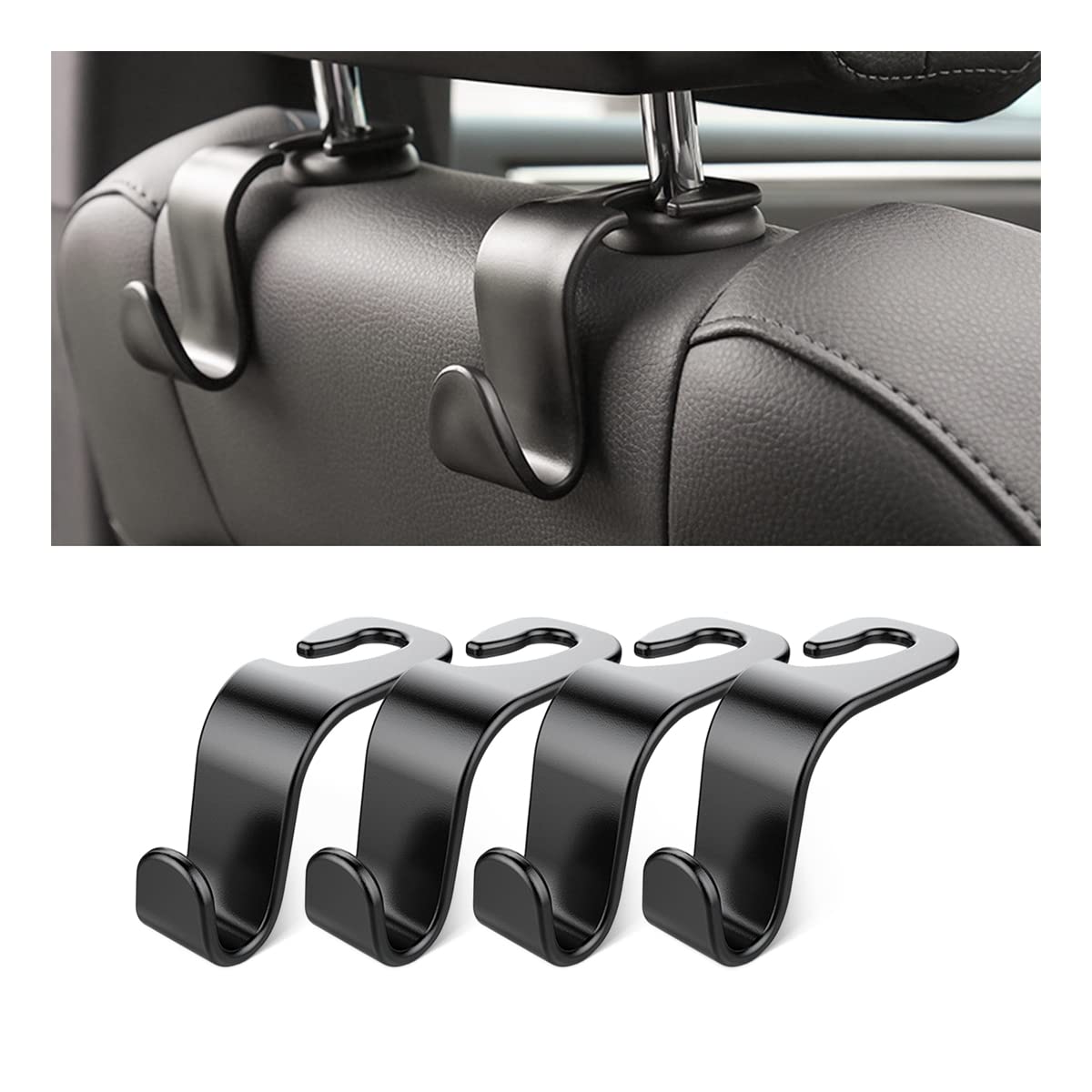 4 Pack Curved Headrest Hooks for Vehicle Seats, Black Style 2