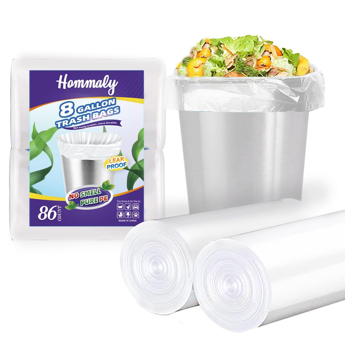 Hommaly 2 Gallon (1.8-2 Gal)120 pcs Small Clear Trash Bags, Strong 1.8 Gallon Garbage Bags, Bathroom Trash Can Bin Liners Unscented, Mini Plastic Bags for Office, Waste Basket Liner,Fit 6,7,8 Liters
