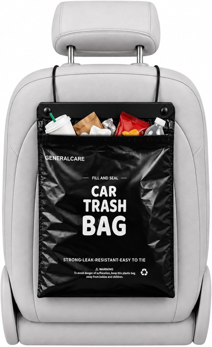 50 Count Recycled Disposable Car Trash Bags - 2.5 Gallon Heavy Duty Alternative to Bulky Car Trash Can & Car Garbage Can, Leakproof Smellproof Hanging & Stick-On Garbage Bag for Car, SUV, Truck