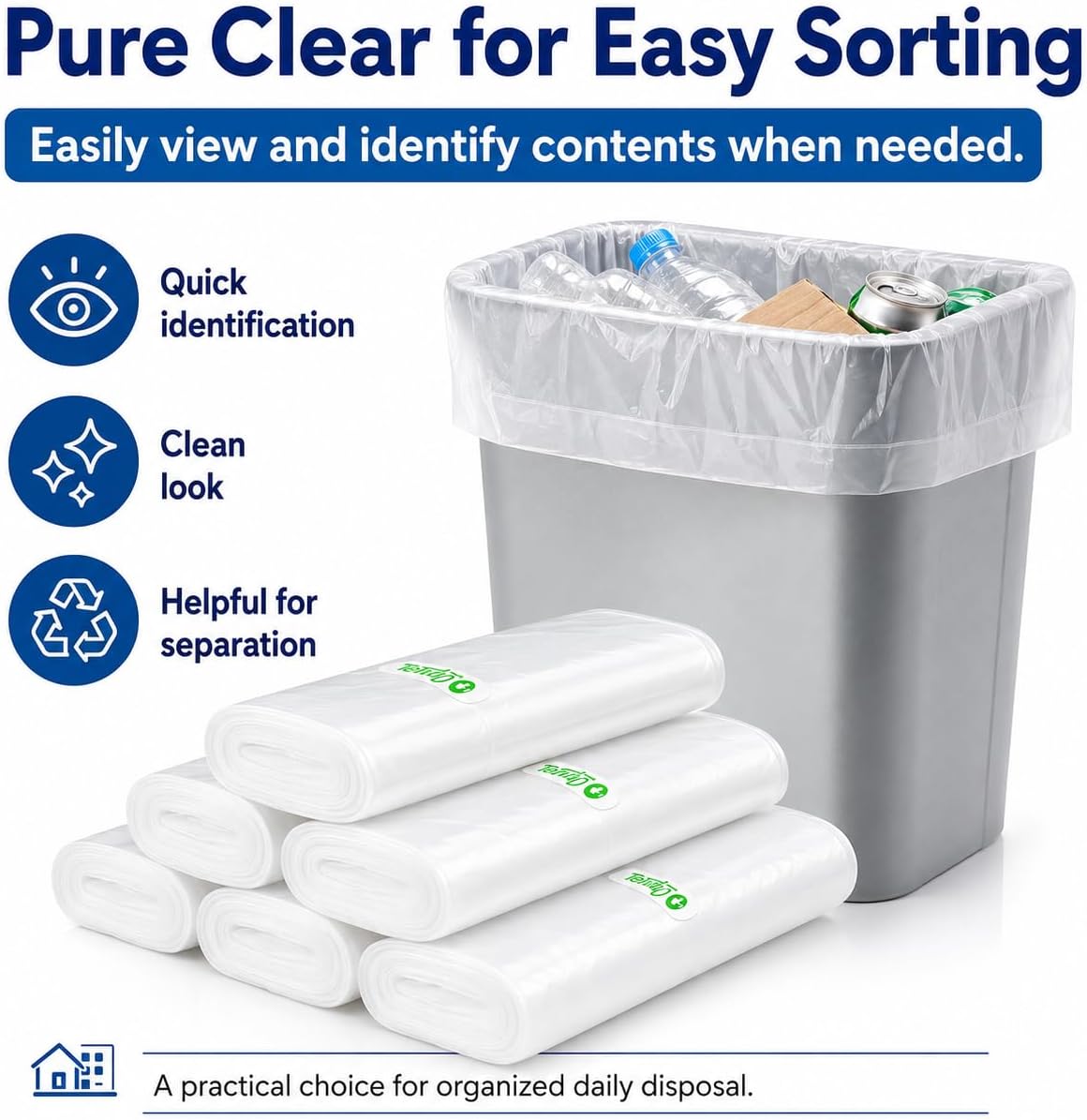 Teivio Small Clear Trash Bags 3 Gallon 150 Count Unscented Garbage Bags