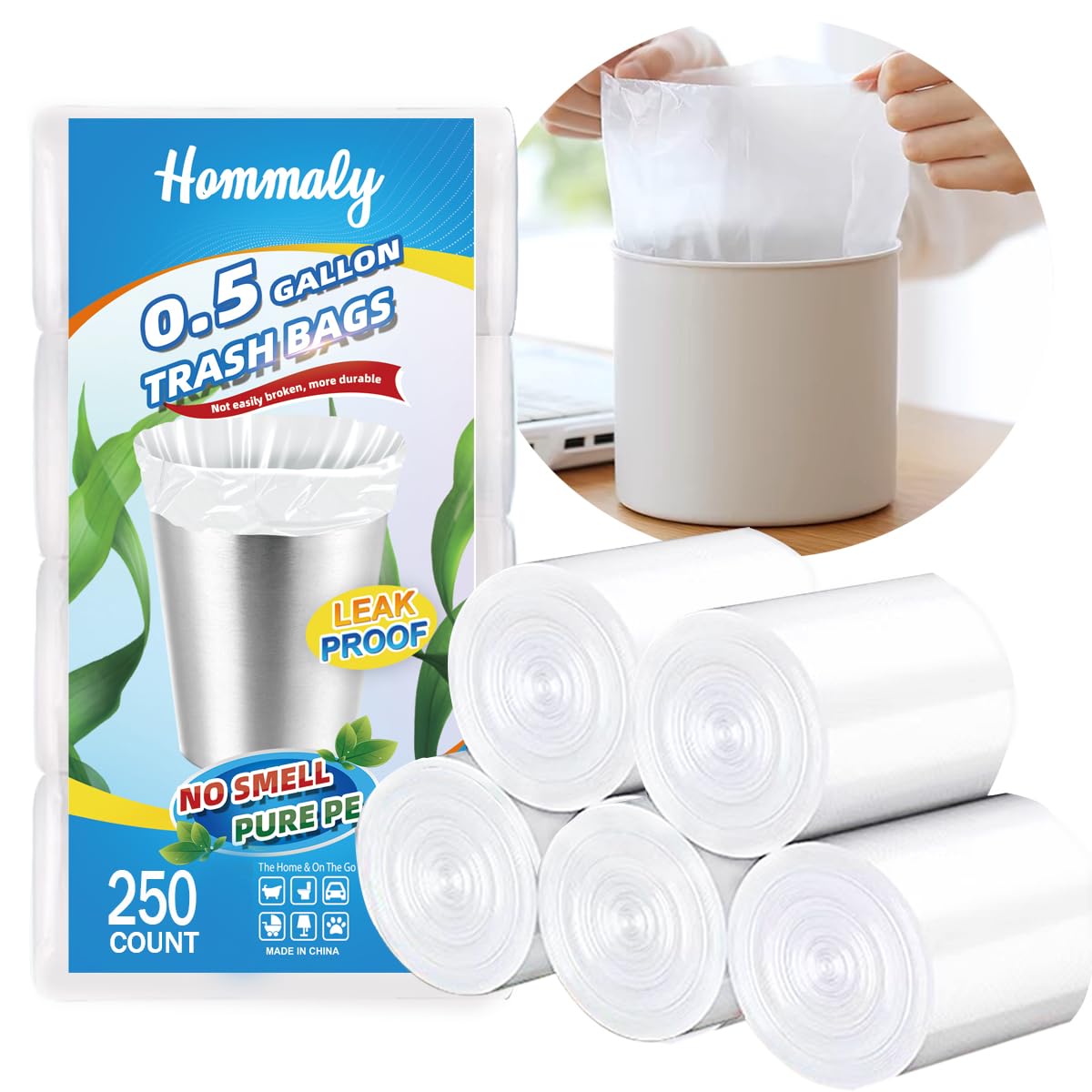 Hommaly 2 Gallon (1.8-2 Gal)120 pcs Small Clear Trash Bags, Strong 1.8 Gallon Garbage Bags, Bathroom Trash Can Bin Liners Unscented, Mini Plastic Bags for Office, Waste Basket Liner,Fit 6,7,8 Liters