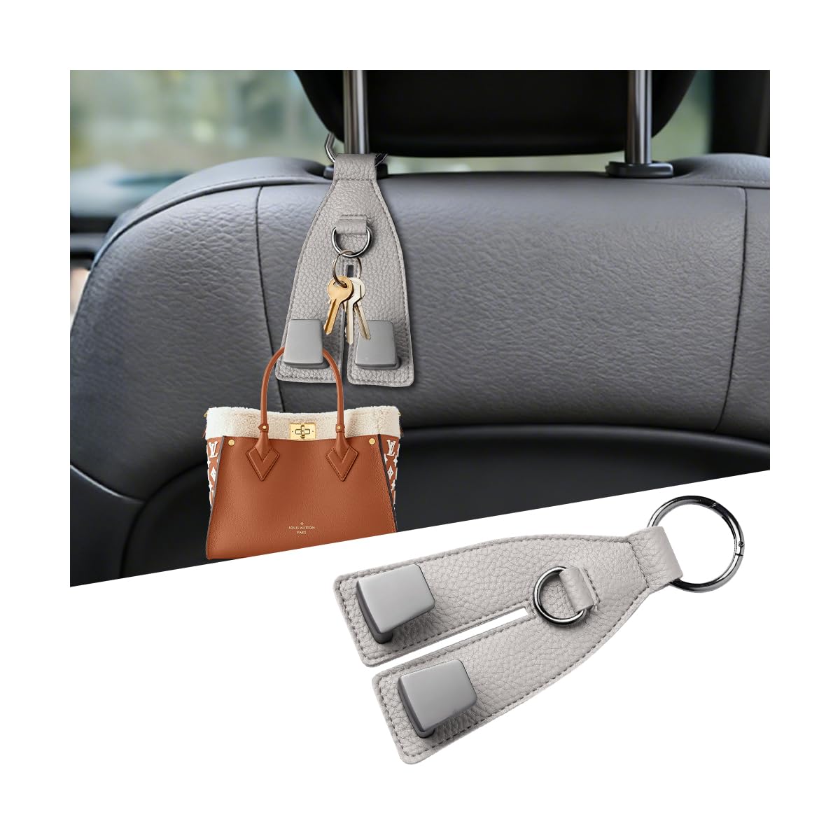 Car Seat Headrest Hooks, Leather Metal Vehicle Seat Back Organizer Storage Double Hook Hanger, Multifunctional Automotive Interior Purse Bag Holder Accessories, Universal Fit (Black)