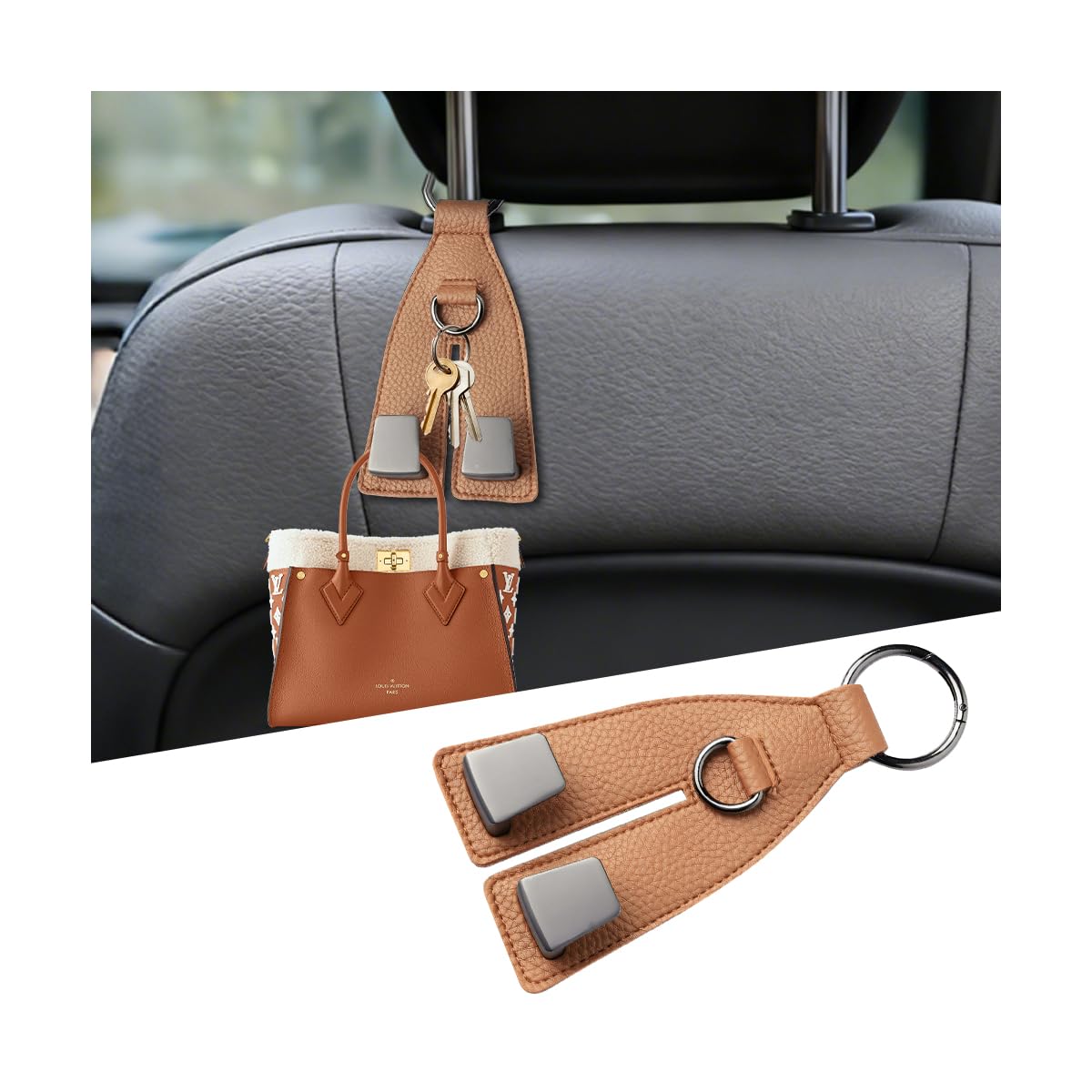 Car Seat Headrest Hooks, Leather Metal Vehicle Seat Back Organizer Storage Double Hook Hanger, Multifunctional Automotive Interior Purse Bag Holder Accessories, Universal Fit (Black)