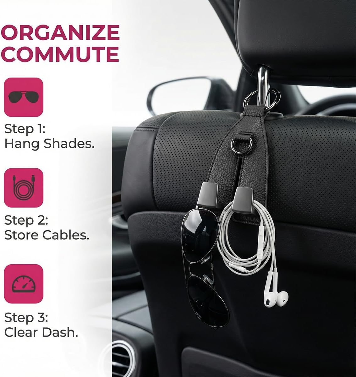 Car Seat Headrest Hooks, Leather Metal Vehicle Seat Back Organizer Storage Double Hook Hanger, Multifunctional Automotive Interior Purse Bag Holder Accessories, Universal Fit (Black)
