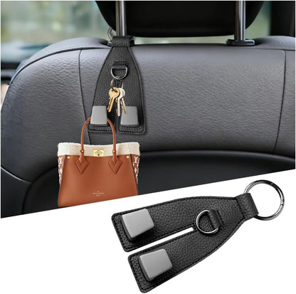 Car Seat Headrest Hooks, Leather Metal Vehicle Seat Back Organizer Storage Double Hook Hanger, Multifunctional Automotive Interior Purse Bag Holder Accessories, Universal Fit (Black)