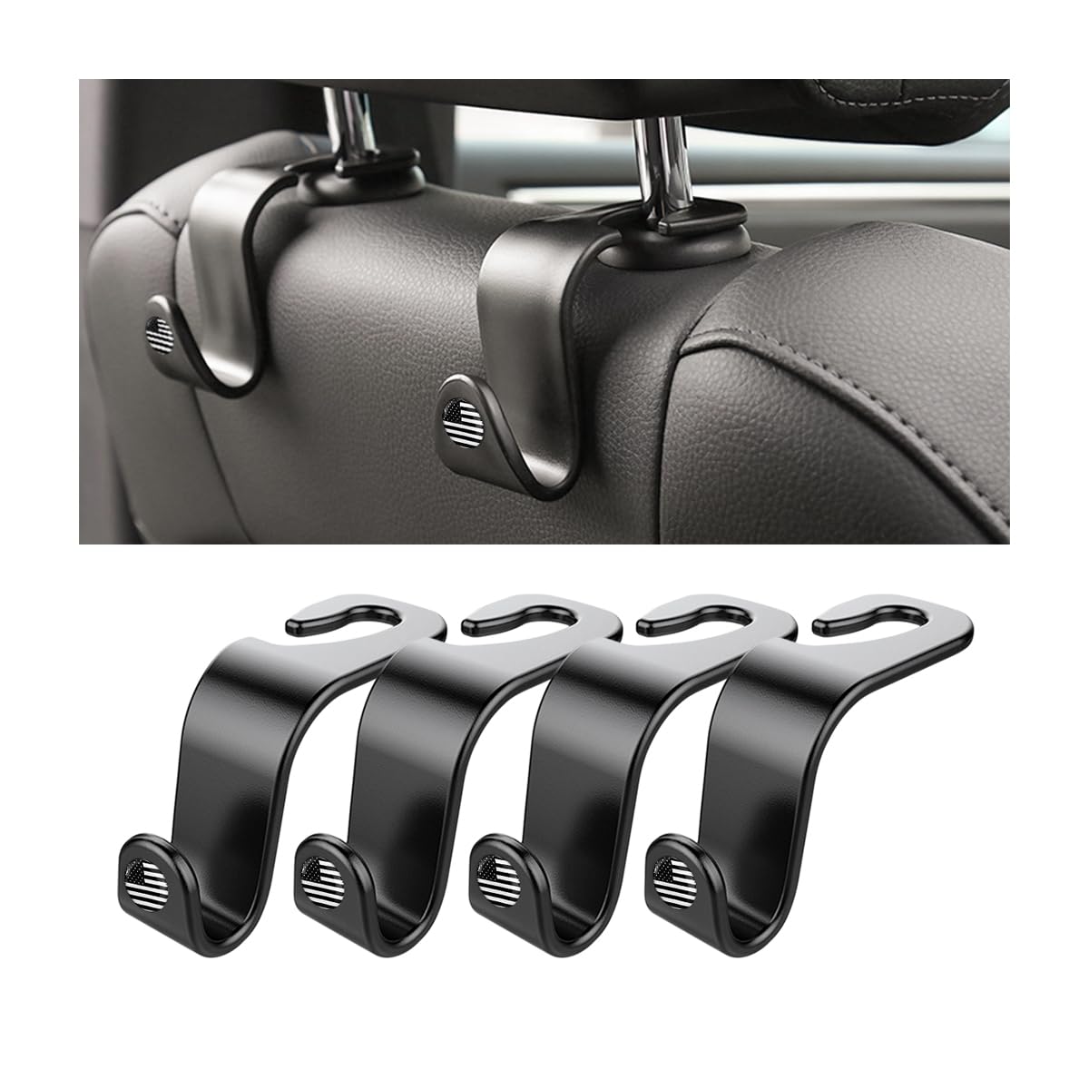 4 Pack Curved Headrest Hooks for Vehicle Seats, Black Style 2