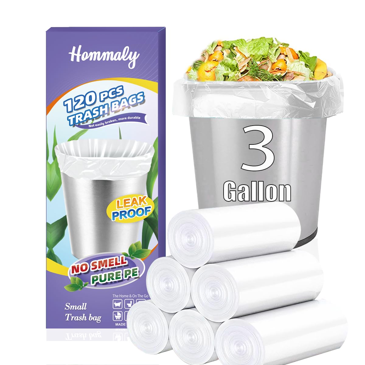 Hommaly 2 Gallon (1.8-2 Gal)120 pcs Small Clear Trash Bags, Strong 1.8 Gallon Garbage Bags, Bathroom Trash Can Bin Liners Unscented, Mini Plastic Bags for Office, Waste Basket Liner,Fit 6,7,8 Liters