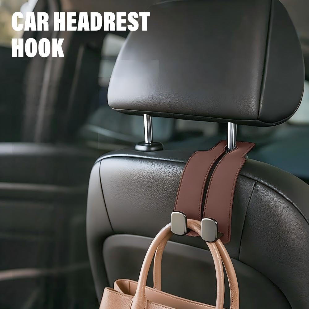 Car Seat Headrest Hooks for Purses and Bags - Support Car Headrest Hooks for Purses and Bags Coat, Leather Car Bag Purse Holder with Double Hooks (Brown-2PC)