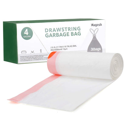 1.2 Gallon Small Trash Bags Drawstring - White Mini Garbage Bags (Fit 1-1.3 Gallon) 5 Liter 60 Count Unscented Strong Plastic Tiny Little Waste Basket Liners for Kitchen Car Office Magesh