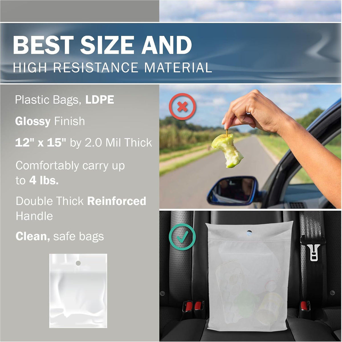 12x15 White Car Trash Bags, Leak-Proof, Headrest Handle, 2 Mil, 50 Pack