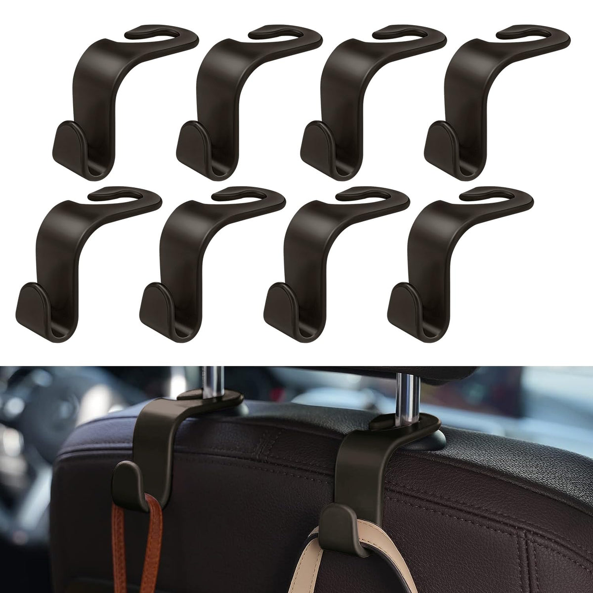 8 Pack Car Seat Headrest Hooks with 44 Pounds Load Capacity, Hangers Storage Organizer Universal Car Interior Accessories for Handbags Water Bottles Purse Coats Umbrellas, Black
