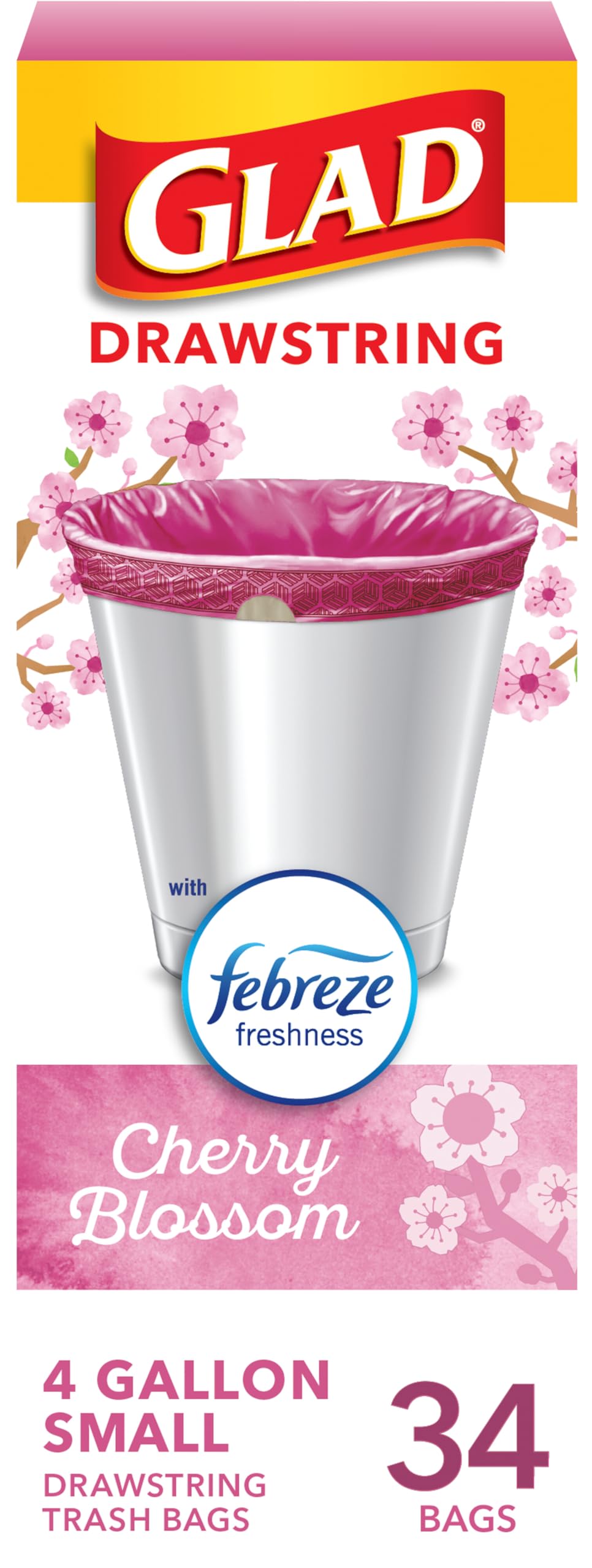 Glad Small Trash Bags 4 Gallon, Febreze Cherry Blossom Garbage Bags, Odor Resistant with Drawstring, 34 Count