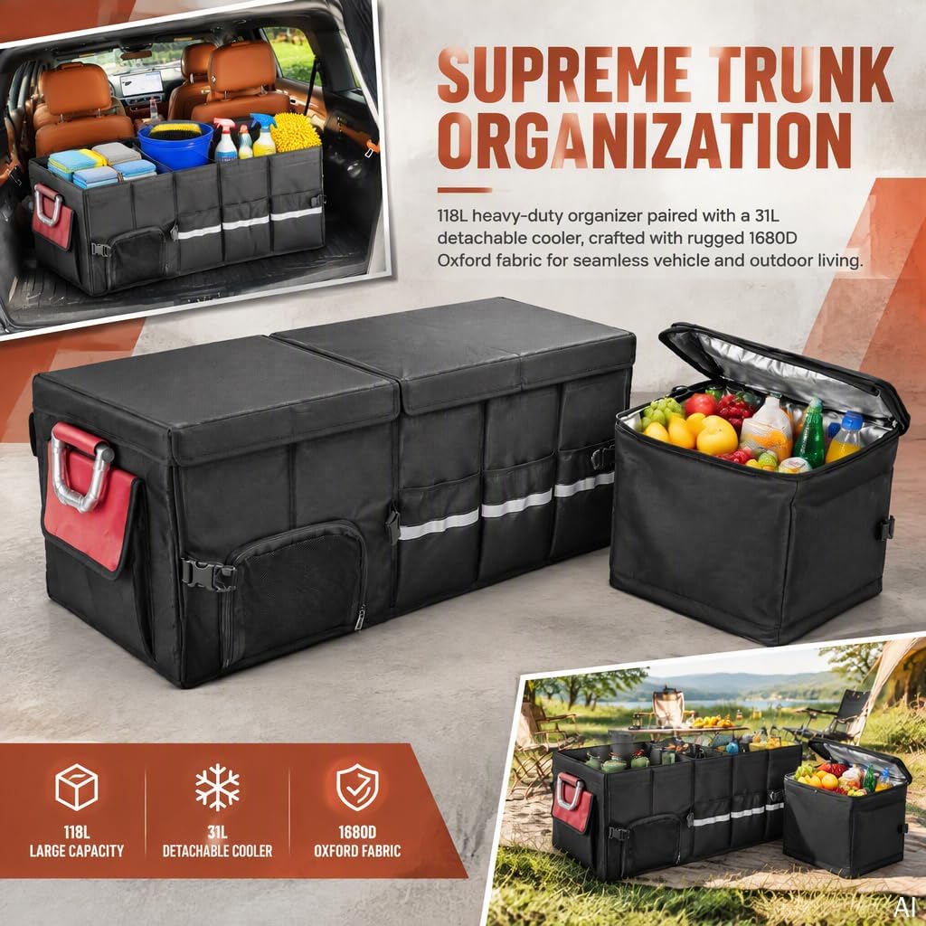 J&J Extra Large Collapsible Trunk Organizer For SUV And Cooler