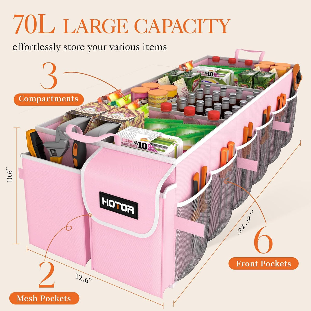 HOTOR Trunk Organizer - Foldable Car Organizer for SUVs & Sedans Storage