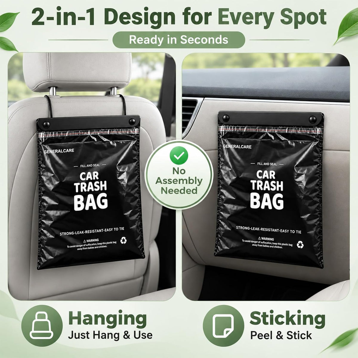 50 Count Recycled Disposable Car Trash Bags - 2.5 Gallon Heavy Duty Alternative to Bulky Car Trash Can & Car Garbage Can, Leakproof Smellproof Hanging & Stick-On Garbage Bag for Car, SUV, Truck