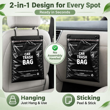 50 Count Recycled Disposable Car Trash Bags - 2.5 Gallon Heavy Duty Alternative to Bulky Car Trash Can & Car Garbage Can, Leakproof Smellproof Hanging & Stick-On Garbage Bag for Car, SUV, Truck