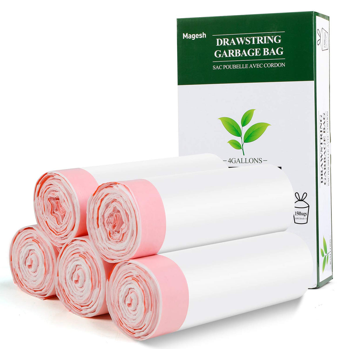 1.2 Gallon Small Trash Bags Drawstring - White Mini Garbage Bags (Fit 1-1.3 Gallon) 5 Liter 60 Count Unscented Strong Plastic Tiny Little Waste Basket Liners for Kitchen Car Office Magesh