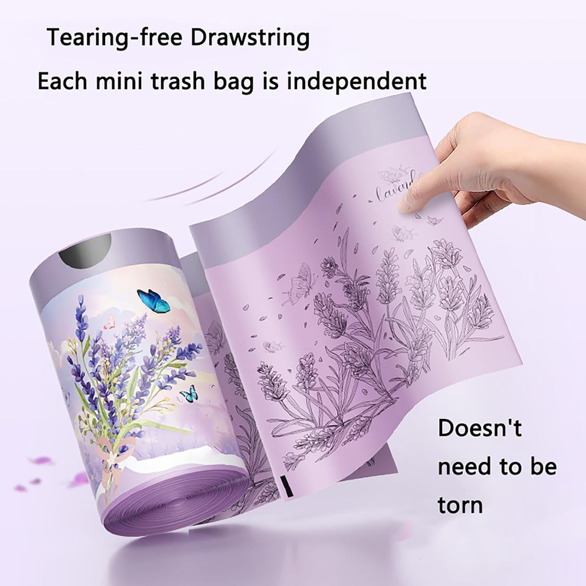 100pcs 2.6 Gallon Small Trash Bags Tearing-Free Drawstring for Bathroom Office Home Bedroom Trash Can with Purple Lavender Printed Garbage Basket Bags (2.6 Gallon Purple, 100 Count)