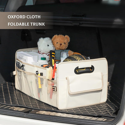 JiatuA Car Trunk Organizer, Car Organizers and Storage Collapsible Multi Compartment Container Box, Adjustable Car Accessories for SUV Sedan Truck, Standard Size, Beige