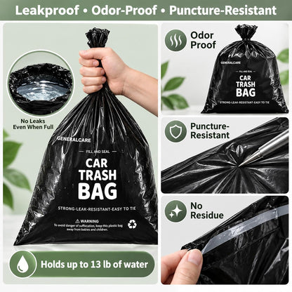 50 Count Recycled Disposable Car Trash Bags - 2.5 Gallon Heavy Duty Alternative to Bulky Car Trash Can & Car Garbage Can, Leakproof Smellproof Hanging & Stick-On Garbage Bag for Car, SUV, Truck