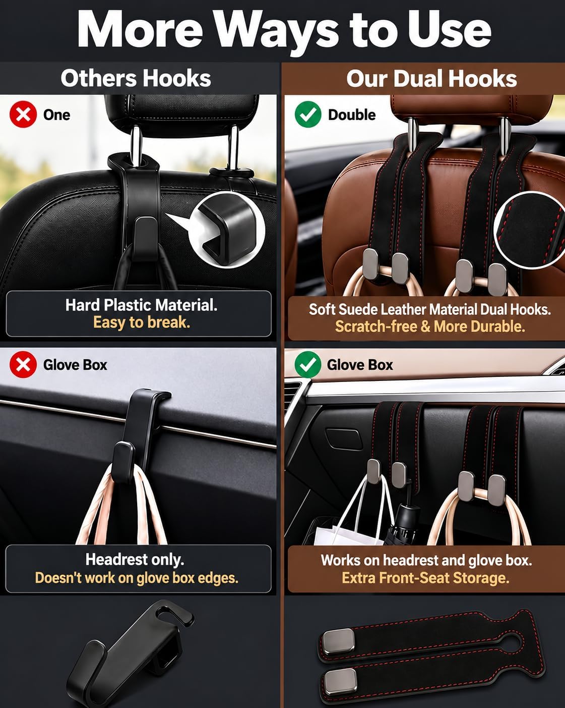 Purse Hook for Car, Headrest or Glove Box Use, Black 2 Pack