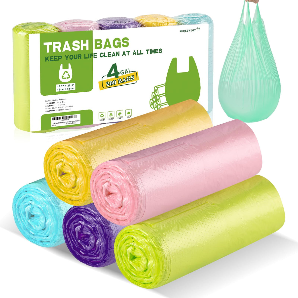 4 Gallon-Trash-Bag Small-Bathroom Kitchen Garbage Bags - Gal With Handle Recycling Colorful 100 Count For Can Recycle Car Unscented Waste Basket Little Disposable Plastic Outdoor Office Acqkunlo