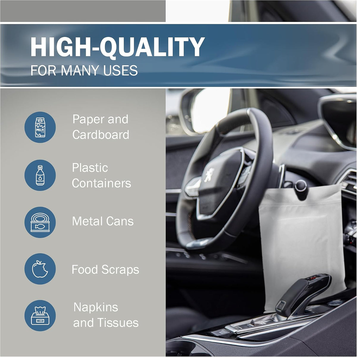 12x15 White Car Trash Bags, Leak-Proof, Headrest Handle, 2 Mil, 50 Pack