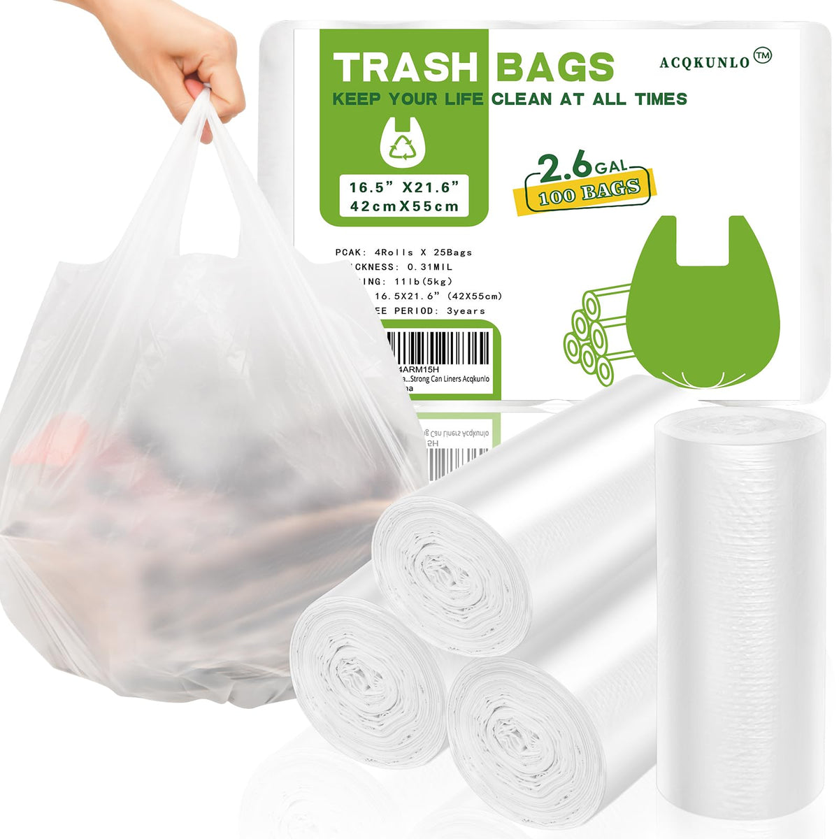 4 Gallon-Trash-Bag Small-Bathroom Kitchen Garbage Bags - Gal With Handle Recycling Colorful 100 Count For Can Recycle Car Unscented Waste Basket Little Disposable Plastic Outdoor Office Acqkunlo