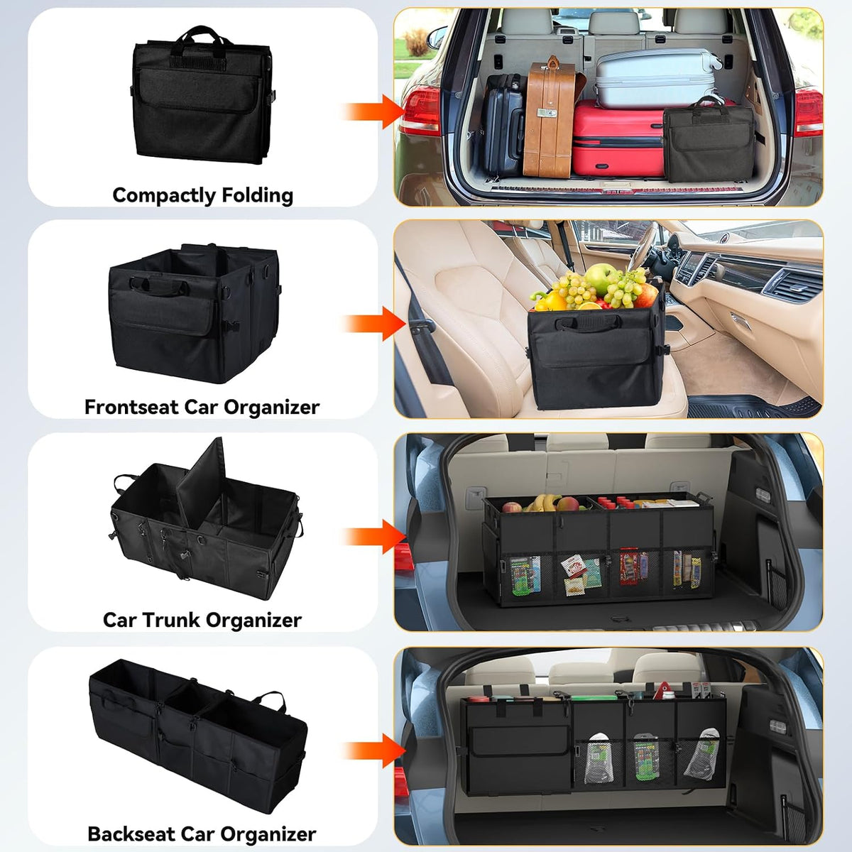Car Trunk Organizer SUV Collapsible Car Caddy Truck Storage Heavy Duty Oxford Car Grocery Organizer for Cargo Van Jeep Sedan with 2 Large Compartments, 6 Pockets, 4 Adjustable Straps, 2 Handles 50L