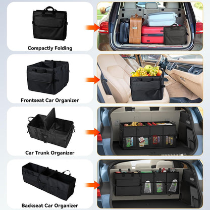 Car Trunk Organizer SUV Collapsible Car Caddy Truck Storage Heavy Duty Oxford Car Grocery Organizer for Cargo Van Jeep Sedan with 2 Large Compartments, 6 Pockets, 4 Adjustable Straps, 2 Handles 50L
