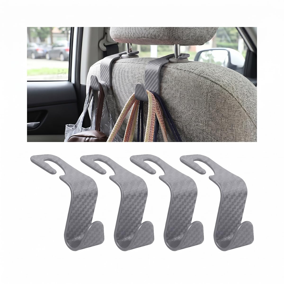 4 Pack Curved Headrest Hooks for Vehicle Seats, Black Style 2