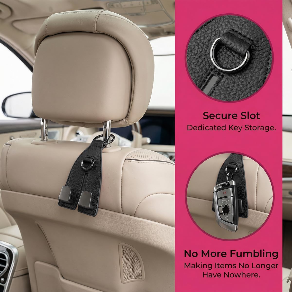 Car Seat Headrest Hooks, Leather Metal Vehicle Seat Back Organizer Storage Double Hook Hanger, Multifunctional Automotive Interior Purse Bag Holder Accessories, Universal Fit (Black)