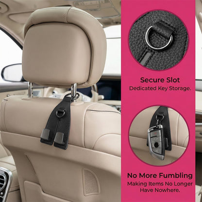 Car Seat Headrest Hooks, Leather Metal Vehicle Seat Back Organizer Storage Double Hook Hanger, Multifunctional Automotive Interior Purse Bag Holder Accessories, Universal Fit (Black)