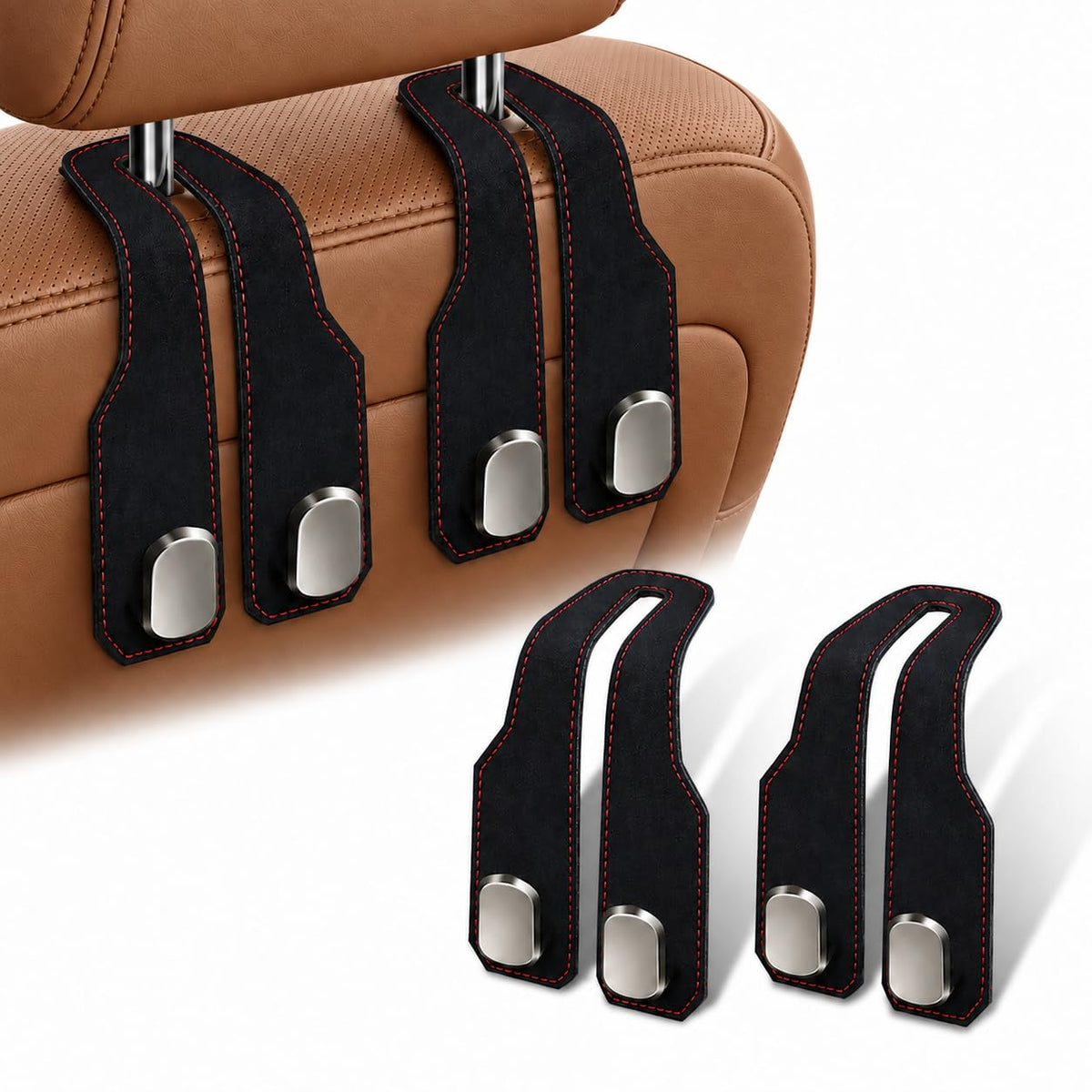 2 Pack Car Headrest Hooks, Dual Metal Hooks, Stylish Black