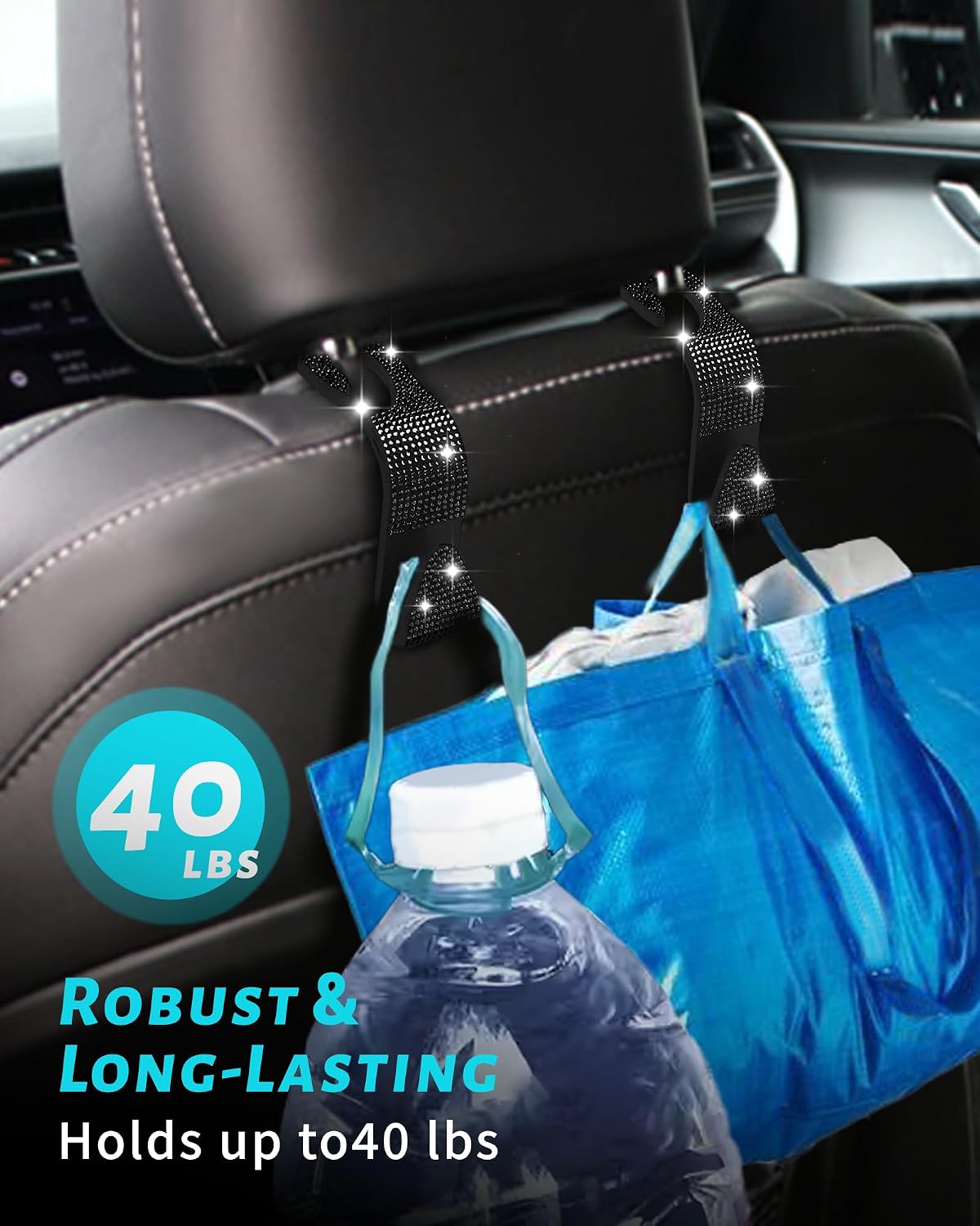 4 Pack Sparkling Car Seat Hooks Purse Holder for Bags, Black