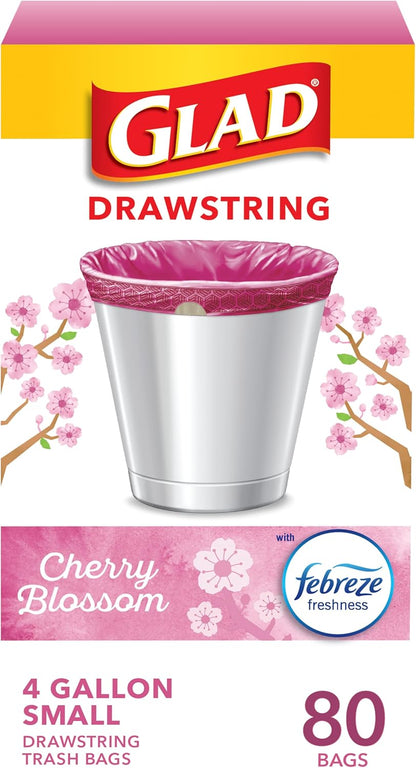 Glad Small Trash Bags, Great for Office, Bathrooms and Bedroom Bins, Cherry Blossom Scented Garbage Bags, Odor Resistant with Drawstring, Febreze Freshness, 4 Gallon Trash Bags, 80 Count