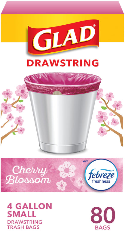 Glad Small Trash Bags 4 Gallon, Febreze Cherry Blossom Garbage Bags, Odor Resistant with Drawstring, 34 Count
