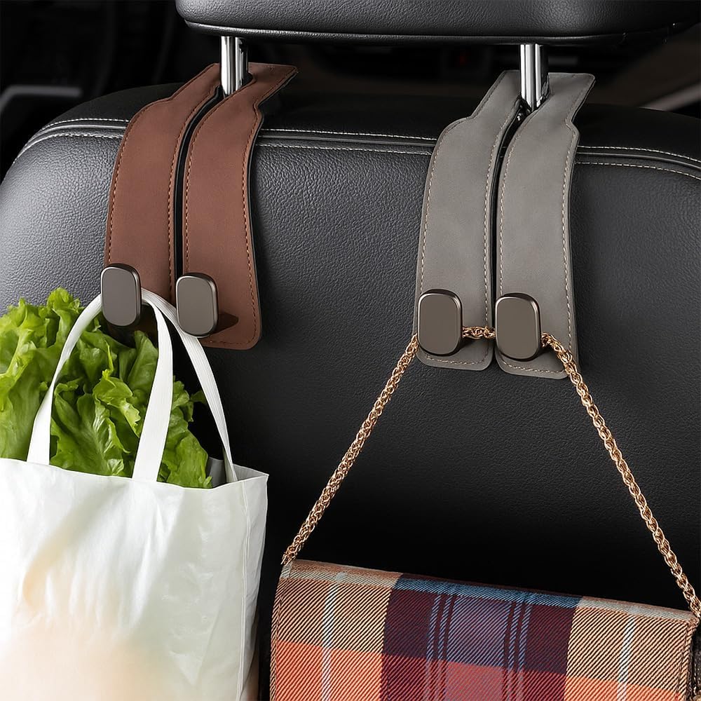 Car Seat Headrest Hooks for Purses and Bags - Support Car Headrest Hooks for Purses and Bags Coat, Leather Car Bag Purse Holder with Double Hooks (Brown-2PC)