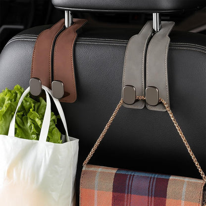 Car Seat Headrest Hooks for Purses and Bags - Support Car Headrest Hooks for Purses and Bags Coat, Leather Car Bag Purse Holder with Double Hooks (Brown-2PC)