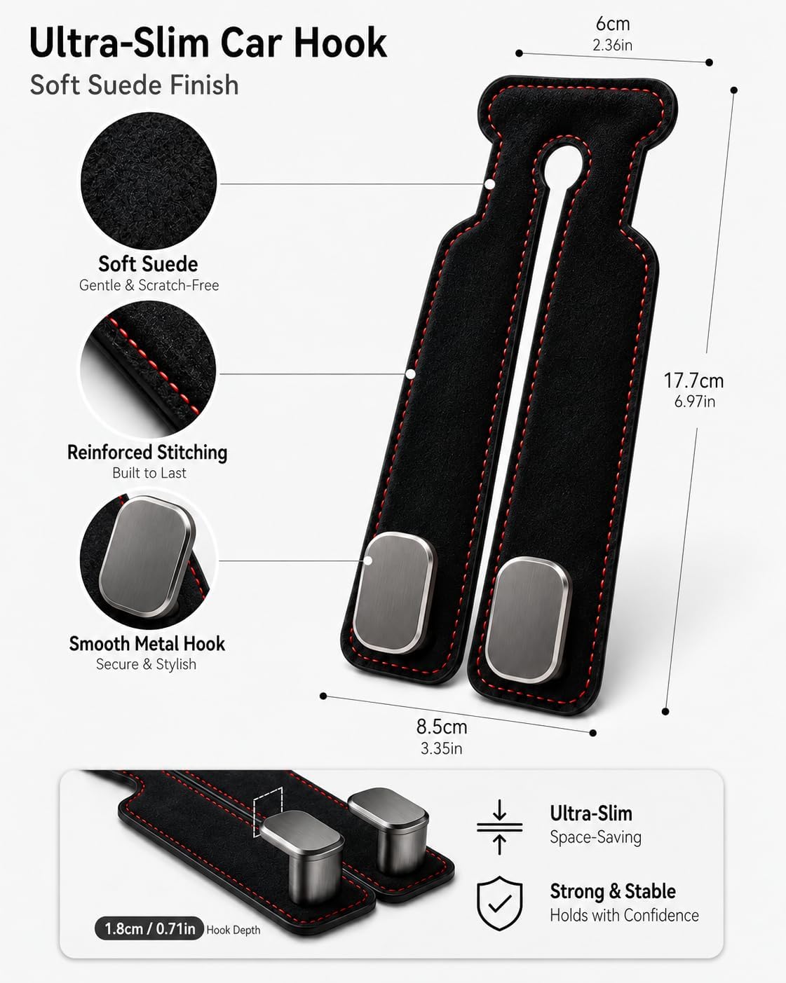 Purse Hook for Car, Headrest or Glove Box Use, Black 2 Pack