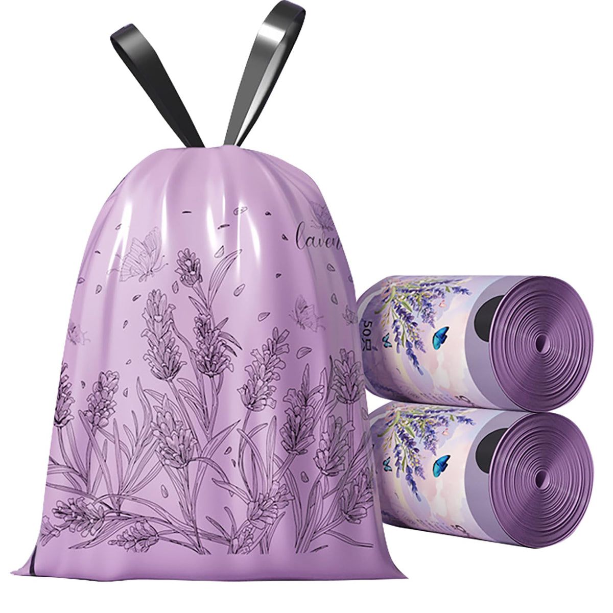 100pcs 2.6 Gallon Small Trash Bags Tearing-Free Drawstring for Bathroom Office Home Bedroom Trash Can with Purple Lavender Printed Garbage Basket Bags (2.6 Gallon Purple, 100 Count)