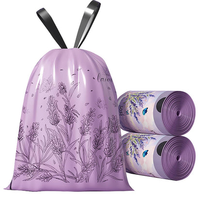 100pcs 2.6 Gallon Small Trash Bags Tearing-Free Drawstring for Bathroom Office Home Bedroom Trash Can with Purple Lavender Printed Garbage Basket Bags (2.6 Gallon Purple, 100 Count)