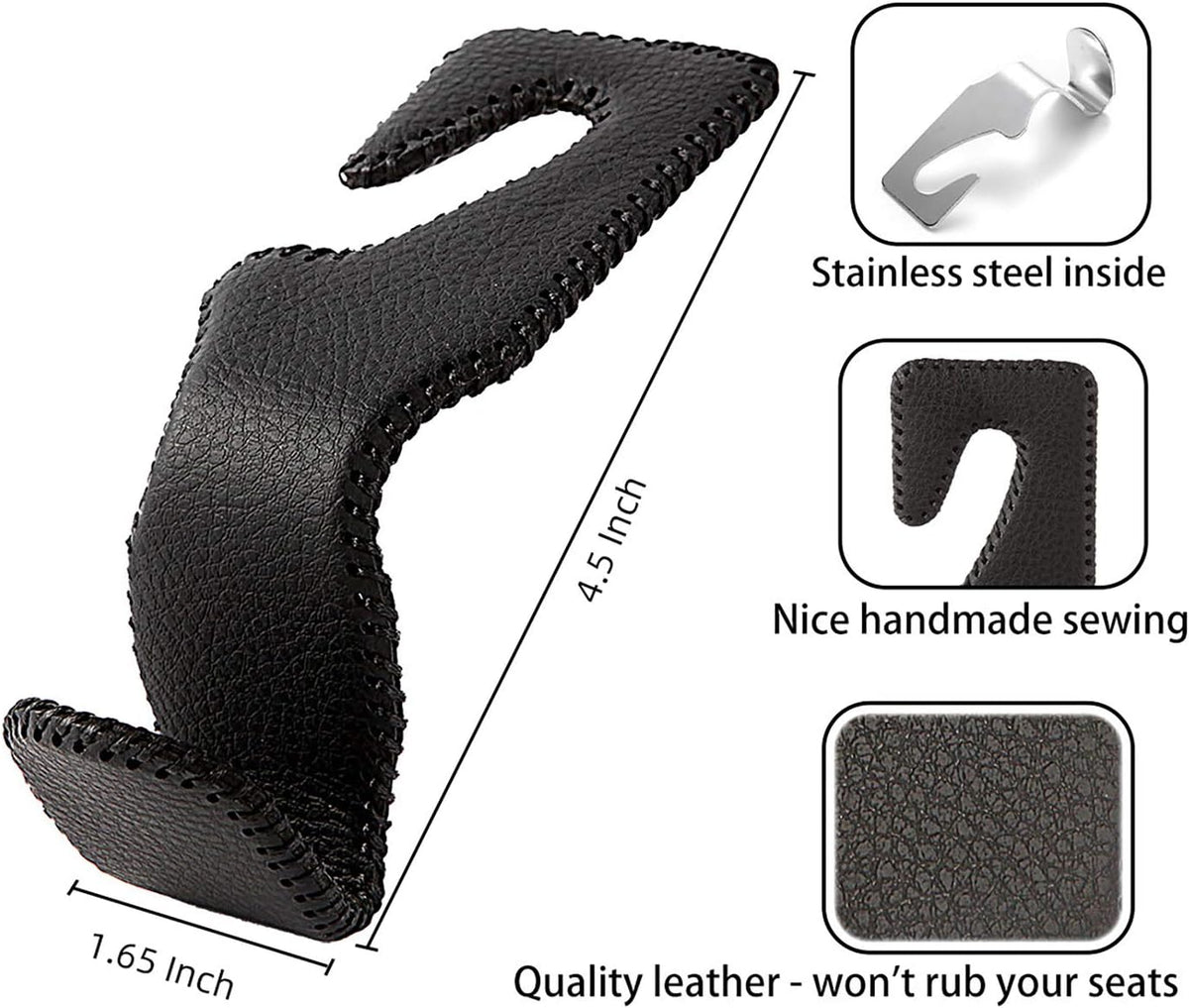 Headrest Hooks for Car, Back Seat Organizer Black Leather Hanger Holder Hook, for Hanging Purses and Bags and Coats, Pack of 2